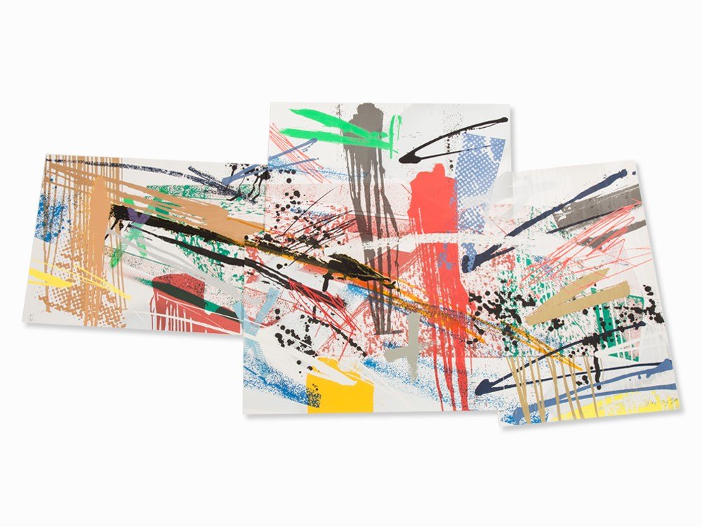 Michael Heizer, Dragged Mass Geometric, Serigraph, 1989: Serigraph in colors on wove paper 'Arches 88' (watermark), composed of 4 sheets Michael Heizer (b. 1944) – US-American Land Art-artist Signed and dated 'Heizer 89' and numbered '31/36' in pencil Pub