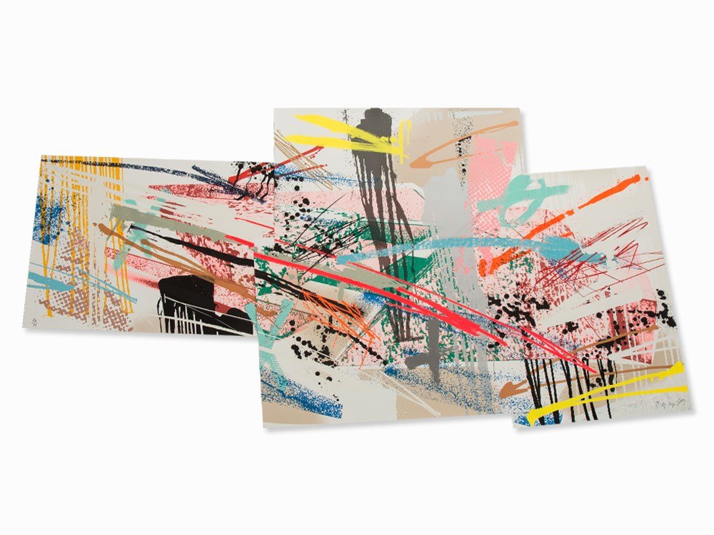 Michael Heizer, Dragged Mass Geometric, Serigraph, 1989: Serigraph in colors on wove paper 'Arches 88' (watermark), composed of 4 sheets Michael Heizer (b. 1944) – US-American Land Art-artist Signed and dated 'Heizer 89' and numbered '20/36' in pencil Pub