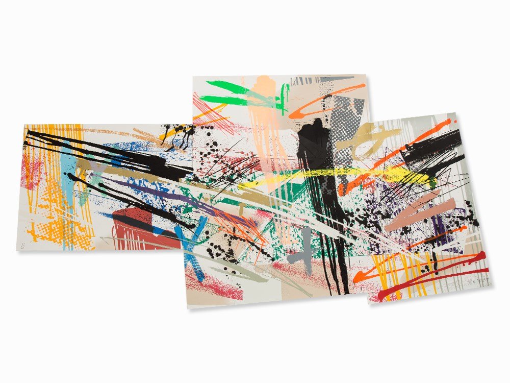 Michael Heizer, Dragged Mass Geometric, Serigraph, 1989: Serigraph in colors on wove paper 'Arches 88' (watermark), composed of 4 sheets Michael Heizer (b. 1944) – US-American Land Art-artist Signed and dated 'Heizer 89' and numbered '31/36' in pencil Pub