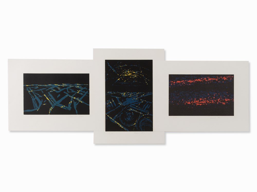 Bernard Lokai, Stars, Cityscape 1 and 2, 3 Woodcuts, c.: 3 woodcuts on cardboard Bernard Lokai (b. 1960) – Czech painter, lives in Germany Each signed 'Bernard Lokai' and numbered '9/20' in pencil Image dimensions: 60.8 x 40 cm and 35 x 55.2 cm Sheet dime