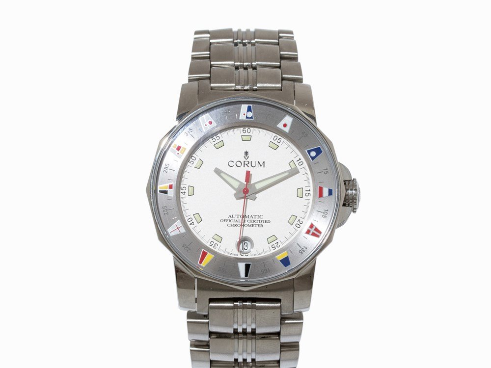 Corum Admiral’s Cup Chronometer, Ref. 98253020, 2000s : Corum Admiral’s Cup Chronometer, ref. 98253020 Switzerland, 2000s Automatic movement, caliber ETA 2892A2, hour, minute, second, date Silver dial, silver luminous hands Watch case, strap and folding