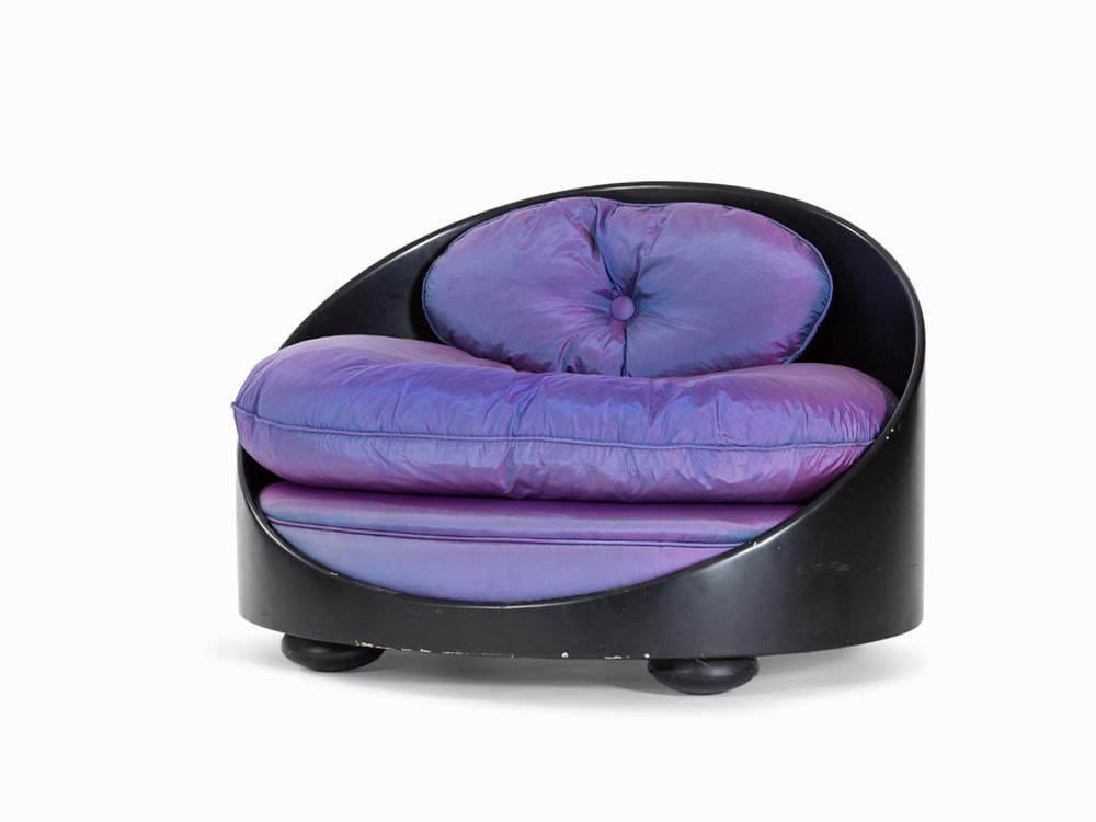 Rolf Sachs, Lounge Chair, Limited Edition 1/11, 1990: Black painted metal, padded cushions with pear violet upholstery Germany, 1990 Rolf Sachs (born 1955) - Swiss artist and stage designer With plaque in the seat shell ‘Rolf Sachs 1/11 1990’ Limited
