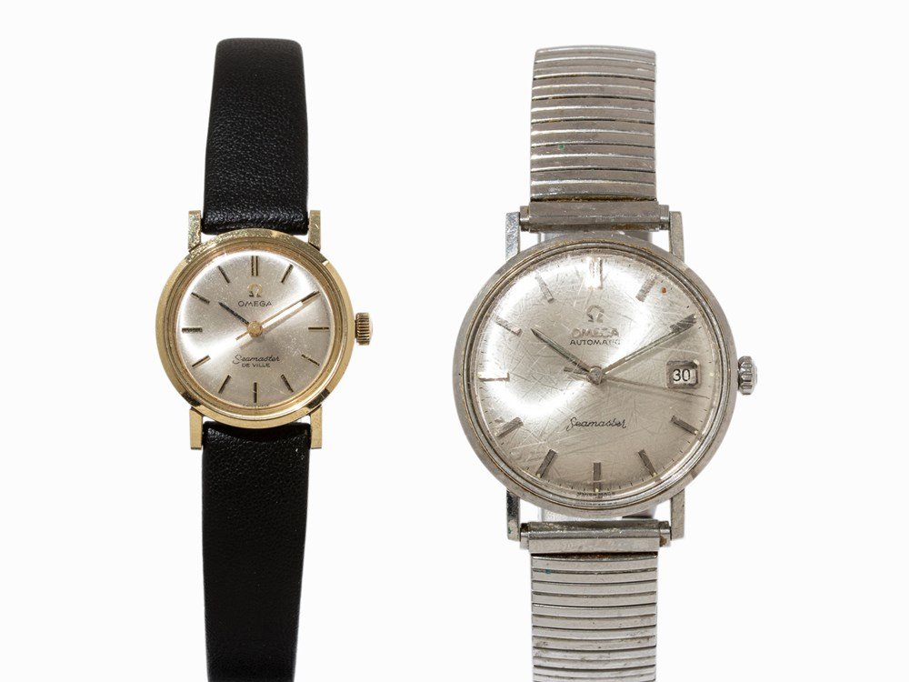 Set of 2 Omega Seamaster and Seamaster DeVille watches: Set of 2 Omega Seamaster and Seamaster DeVille watches Switzerland, c. 1960 One seamaster and one seamaster ladies’ watch Manual wind movement and automatic movement; hour, minute, second Silver d