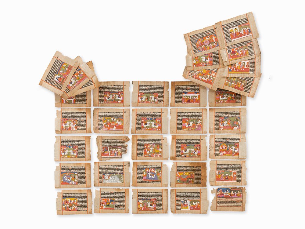 Thirty-five Illustrated Folios from a Kashmiri: Opaque waterbased pigments with gold on burnished buff-natural paper India, Punjab/Kashmir, 1800-30 35 folios from a devotional compilation including illustrated episodes related to the Bhagavat Gita,