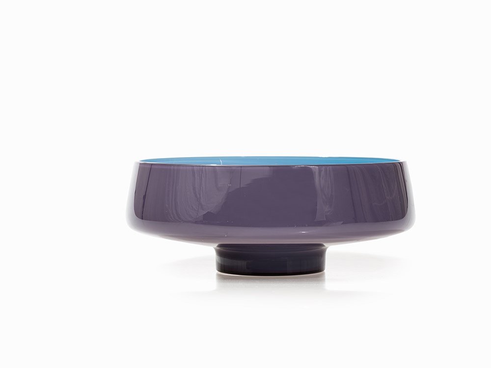 Rodolfo Dordoni, glass bowl, Venini, Venice, 1998: Dyed glass, blue and purple and white opal glass Venice, Italy, 1998 Design Rodolfo Dordoni - Italian architect and designer Manufacturer: Glass manufactory Venini – Founded in 1925 by Paolo Venini