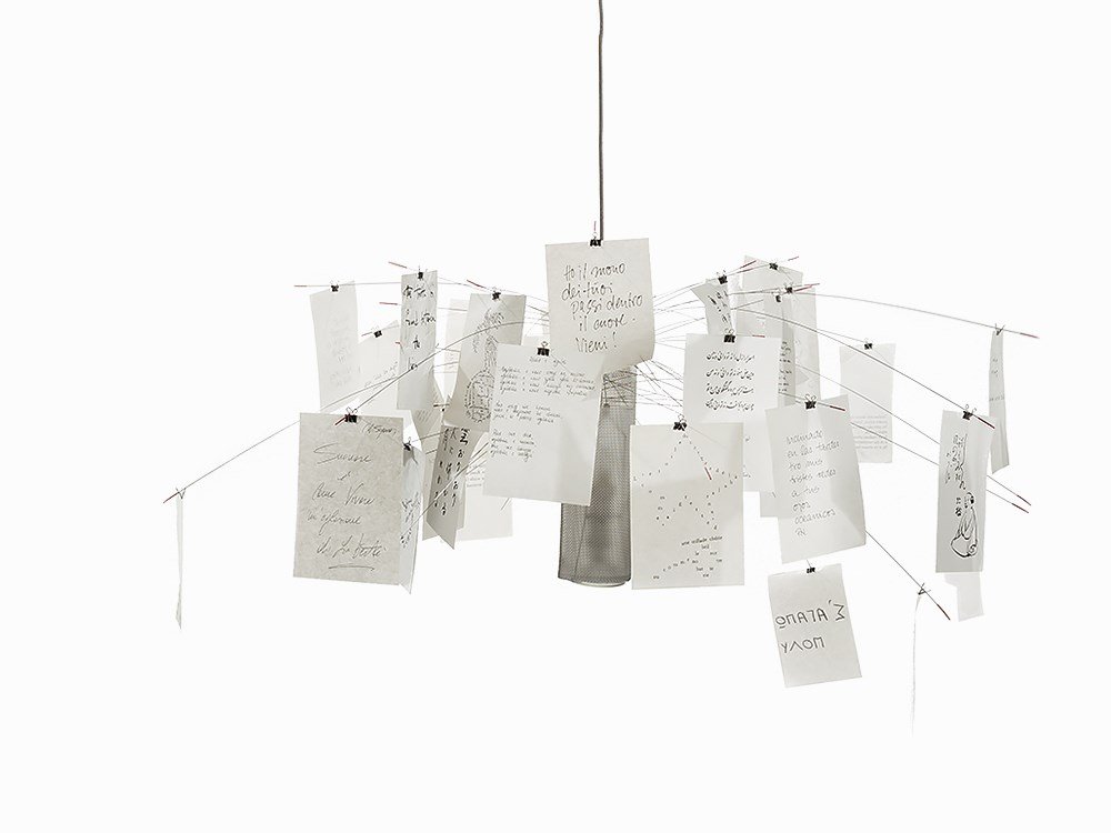 Ingo Maurer, Ceiling Lamp 'Zettel`z 5', Germany, 1997: Stainless steel, heat-resistant satin-frosted glass, printed Japanese paper Germany, 1997 Design: Ingo Maurer (b. 1932) - German indsutrial desginer Execution: Design M., established in 1966 by Ingo M