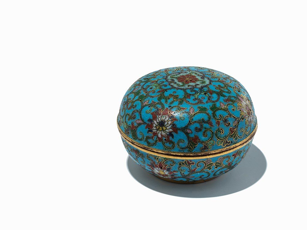 Circular Gilt-Bronze Cloisonné Enamel Box with Cover, (1 of 9)