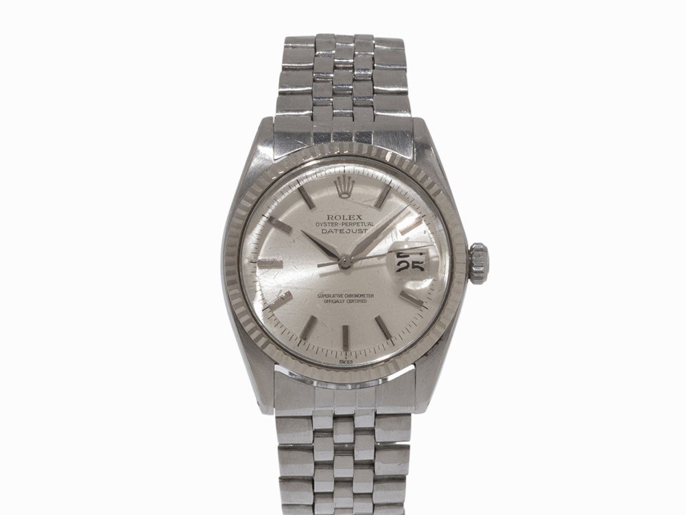 Rolex Datejust, Ref. 1601, c. 1963: Rolex Datejust, ref. 1601 Switzerland, c. 1963 Automatic movement, calibre 1560, adj. 5; 26 jewels, hour, minute, second, date Silver dial, silver hands Watch case, original strap and folding clasp of