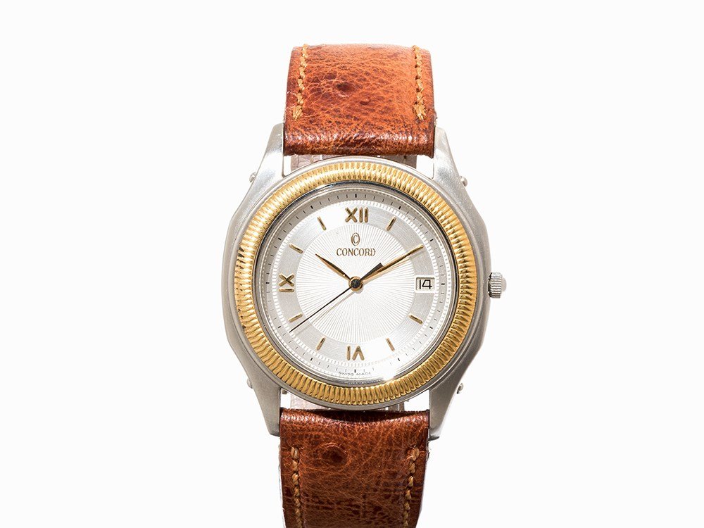 Concord Steeplechase, Ref. 16.65.220, C. 1990: Concord Steeplechase, ref. 16.65.220 Switzerland, c. 1990 Quartz movement, hour, minute, second, date Silver dial, gold hands Watch case of stainless steel Brown ostrich leather strap with pin buckle