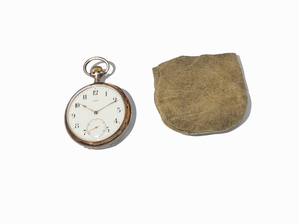 Omega Men’s Pocket Watch, Switzerland, 1895-1902: Omega, men’s pocket watch Switzerland, c. 1895-1902 Hand-winding, hour, minute, small second White enamel dial, golden hands Watch case of rose gilded silver Watch case no.: 1373462 Dust bag Case