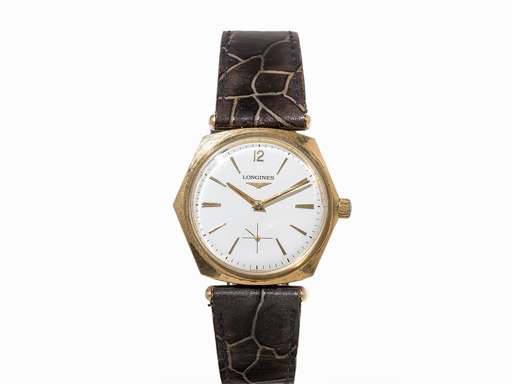 Longines Hexagon Vintage Wristwatch, Switzerland, c.: Longines hexagon vintage wristwatch Switzerland, c. 1965 Manual wind movement, hour, minute, subsidiary second White dial, gold hands Watch case of gold plated stainless steel Grey calfskin leather st