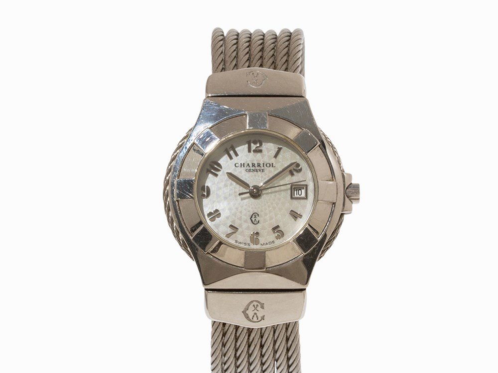 Charriol Celtic, Ref. Celt3, c. 2010: Charriol Celtic, Ref. Celt3 Switzerland, c. 2010 Quartz movement; hour, minute, second, date Silver dial, silver hands Watch case, original strap and pressure clasp of stainless steel Watch case no. 7