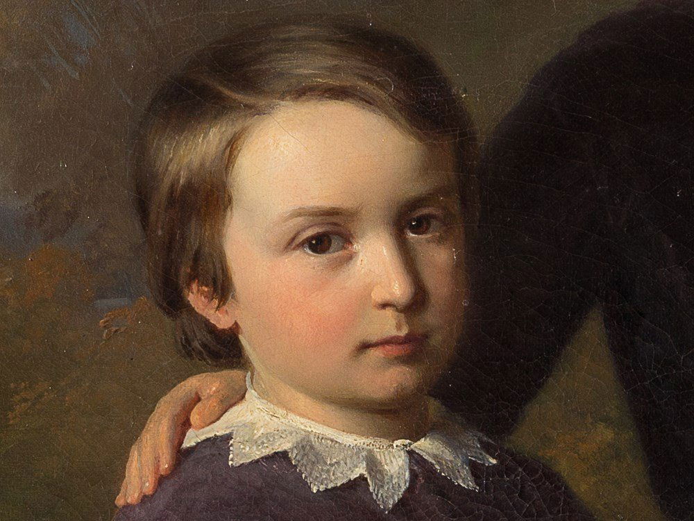 A Portrait of Two Boys with a Dog, Oil Painting,: Oil on canvas, relined Indistinct signature ‘Hel[...?] G[...?]’ and date ‘August 1861’ on the bench Dimensions: 75 x 50.5 cm Mounted in gilt profile frame: 83.5 x 59 cm A brilliantly painted b