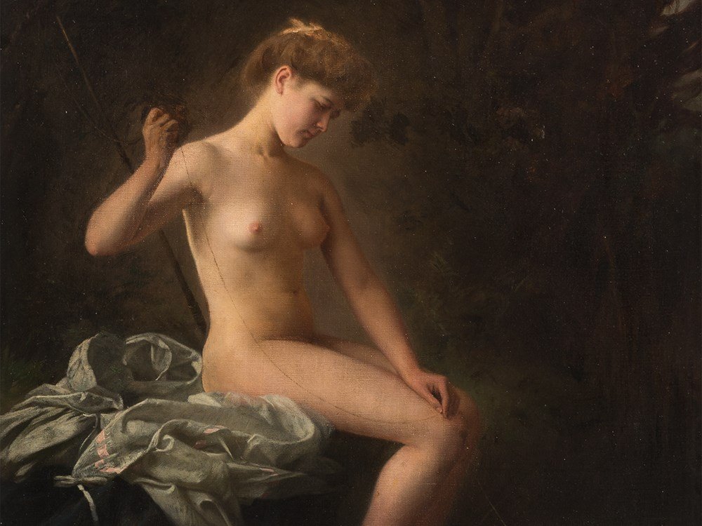 Raimund von Wichera, Attrib., Female Nude, Oil, c. 1900: Oil on canvas Attributed to Raimund Ritter von Wichera (1862-1925) – Moravian portrait, landscape and animal painter Estate stamps ‘Nachlass R Wichera’ on the reverse of the canvas and the stret