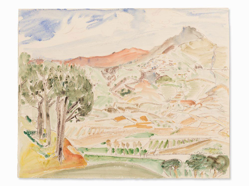 Erich Heckel, Tal in Sizilien, Watercolor, 1936: Pencil, watercolor and chalk on laid paper 'J W Zanders' (watermark) Erich Heckel (1883-1970) – German painter and graphic artist and one of the protagonists of German Expressionism Signed and dated