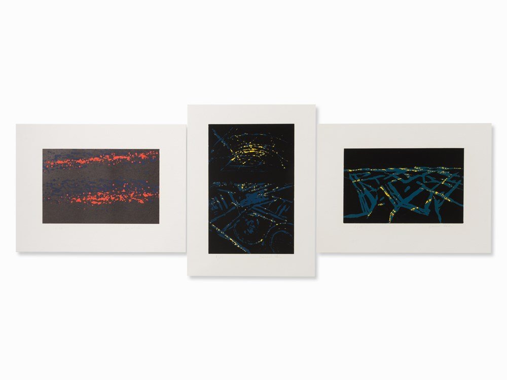 Bernard Lokai, Stars, Cityscape 1 and 2, 3 Woodcuts, c.: 3 woodcuts on cardboard Bernard Lokai (b. 1960) – Czech painter, lives in Germany Each signed 'Bernard Lokai' and numbered '8/20' in pencil Image dimensions: 60.8 x 40 cm and 35 x 55.2 cm; sheet dim