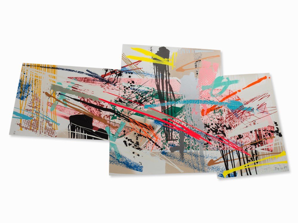 Michael Heizer, Dragged Mass Geometric, Serigraph, 1989: Serigraph in colors on wove paper 'Arches 88' (watermark), composed of 4 sheets Michael Heizer (b. 1944) – US-American Land Art-artist Signed and dated 'Heizer 89' and numbered '12/36' in pencil Pub