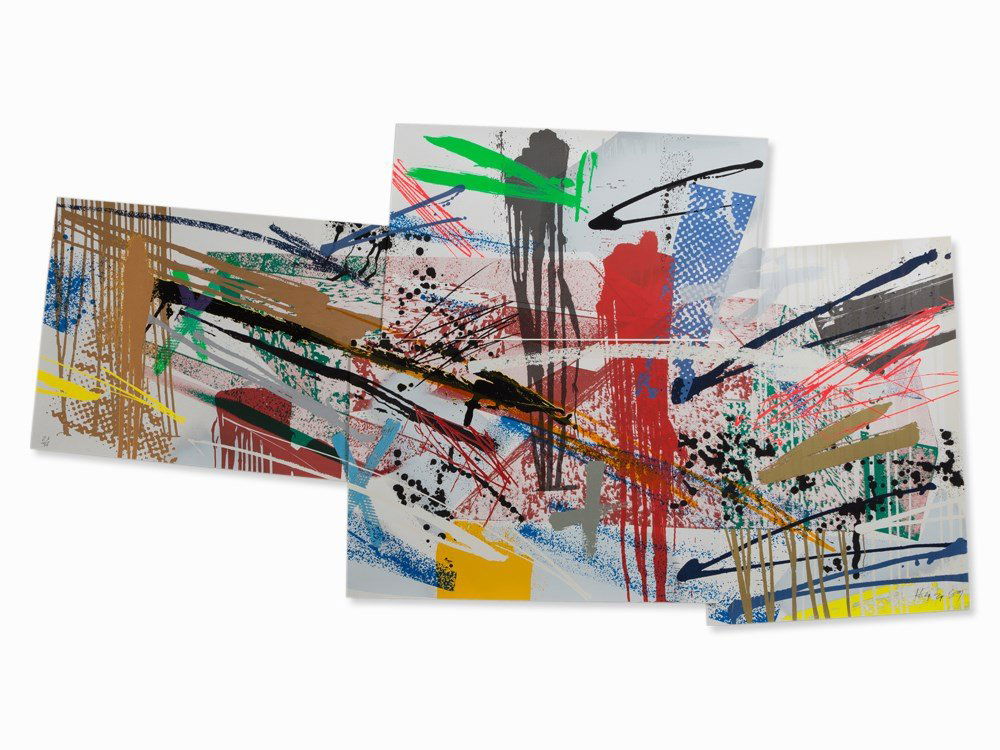 Michael Heizer, Dragged Mass Geometric, Serigraph, 1989: Serigraph in colors on wove paper 'Arches 88' (watermark), composed of 4 4 sheets Michael Heizer (b. 1944) – US-American Land Art-artist Signed and dated ‘Heizer 89’ and numbered ‘23/36’ in