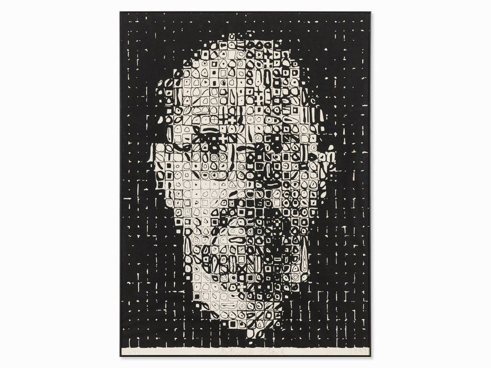 Chuck Close, Self Portrait, Relief Print, 1999 : Relief print on Japanese paper Chuck Close (b. 1940) – US-American artist Signed 'Chuck Close', dated '1999' and numbered '26/99' in pencil Sheet dimensions: 100.2 x 75.4 cm Frame: 101 x 75.6 cm Pro