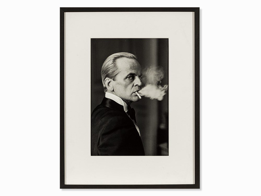 Beat Presser, Klaus Kinski, Paris, Photograph, 1976: Gelatin silver print on baryta paper, later print Beat Presser (b. 1952) – Swiss photographer Signed ‘Beat Presser’ and dated, titled and inscribed ‘Paris / 1976 / Klaus Kinski / by / Beat Pre