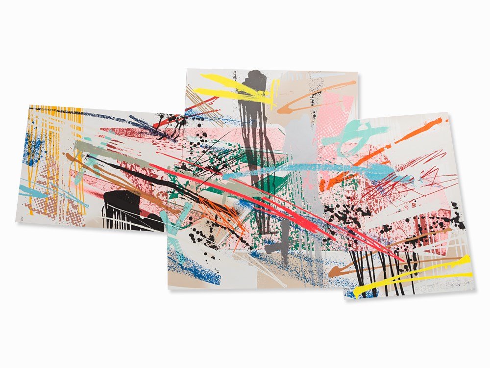 Michael Heizer, Dragged Mass Geometric, Serigraph, 1989: Serigraph in colors on wovepaper 'Arches 88' (water mark), composed of 4 sheets Michael Heizer (b. 1944) – US-American Land Art-artist Signed and dated ‘Heizer 89’ and numbered ‘13/36’ in pe