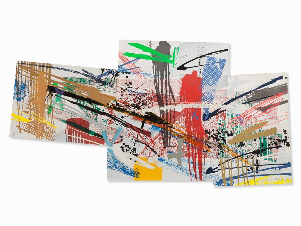 Michael Heizer, Dragged Mass Geometric, Serigraph, 1989: Serigraph in colors on wove paper 'Arches 88' (watermark), composed of 4 sheets Michael Heizer (b. 1944) – US-American Land Art-artist Signed and dated ‘Heizer 89’ and numbered ‘24/36’ in pe