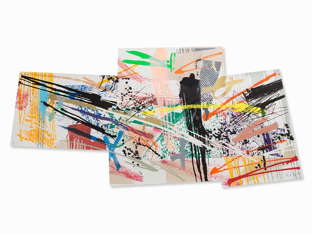 Michael Heizer, Dragged Mass Geometric, Serigraph, 1989: Serigraph in colors on wove paper 'Arches 88' (watermark), composed of 4 sheets Michael Heizer (b. 1944) – US-American Land Art-artist Signed and dated ‘Heizer 89’ and numbered ‘25/36’ in pe