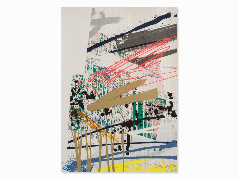 Michael Heizer, Dragged Mass Geometric, Serigraph, 1989: Serigraph in colors on wove paper 'Arches 88' (watermark trimmed), composed of 4 sheets Michael Heizer (b. 1944) – US-American Land Art-artist Signed and dated 'Heizer 89' and numbered '30/36' in pe