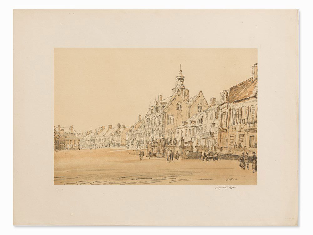 David Muirhead Bone, Cityscape, Collotype in Colors, c.: Colotype in colors on light wove paper after a watercolored drawing David Muirhead Bone (1876-1953) – Scottish printer and painter Signed ‘Muirhead Bone’ and numbered ‘5/50’ in pencil as wel