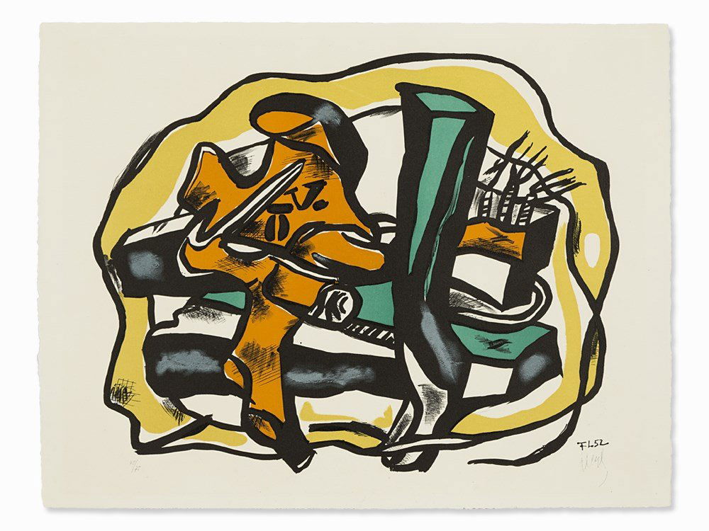 Fernand Léger, Composition sur fond jaune, Lithograph,: Lithograph in colors wove paper ‘Arches’ (watermark) Fernand Léger (1881-1955) – French painter, sculptor and graphic artist Signed ‘FLeger’ in blue ink and numbered ‘48/75’ in pencil,