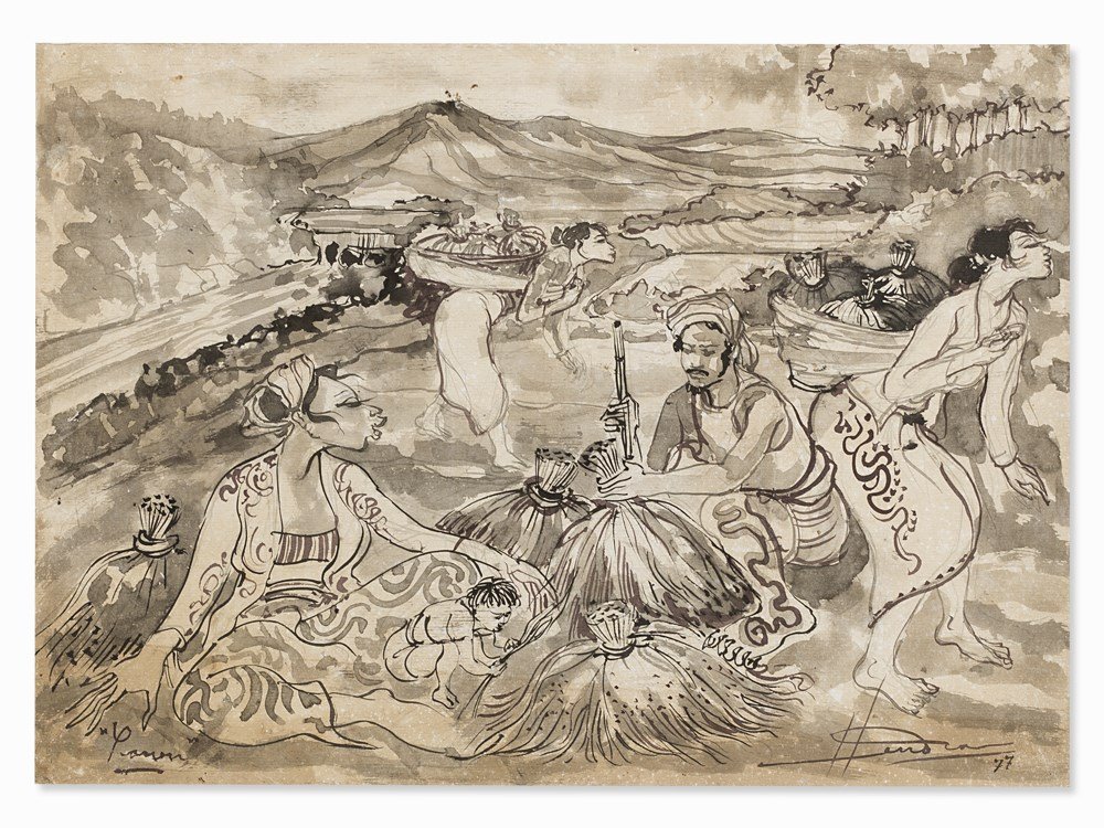 Hendra Gunawan, Panen, Mixed Media, 1977: Mixed media with watercolor and Indian ink on strong laid paper Hendra Aprida Gunawan (1918-1983) - Indonesian painter and sculptor Signed and dated ‘Hendra 77’ lower right as well as inscribed ��