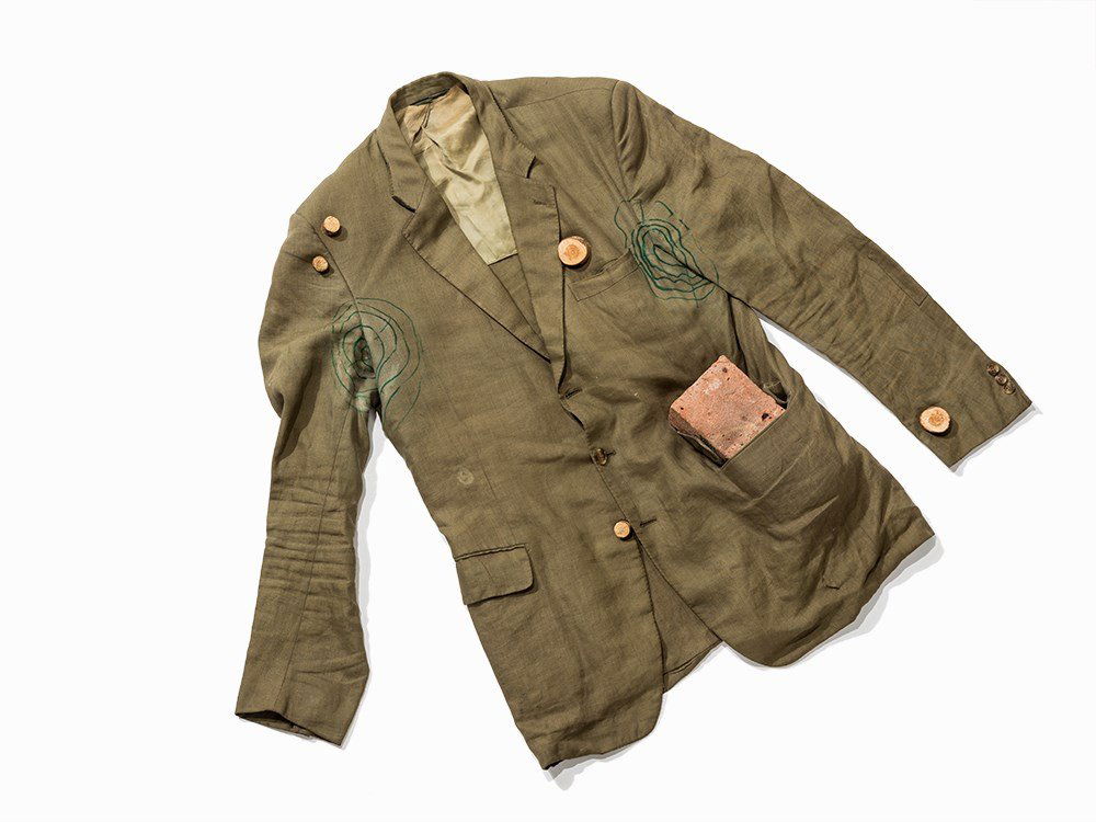 Georg Herold, Untitled (no. 132), Object, 1987: Linen sport coat, worked over with felt pen and equipped with brick and several wooden elements (sections of tree branches), on wooden coat hanger Georg Herold (b. 1947) – German object artist Monog