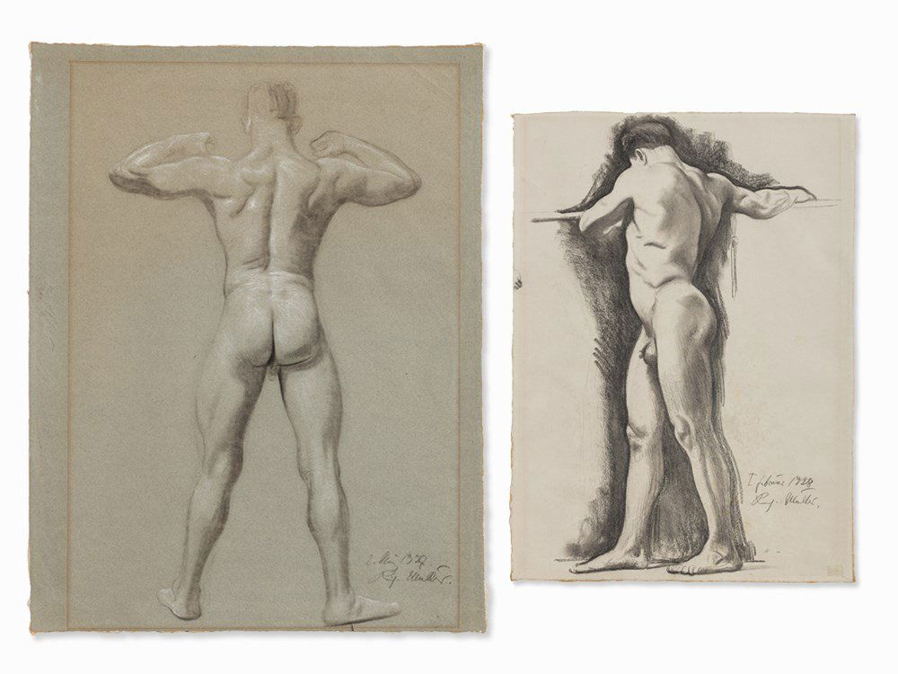 Richard Müller, 2 Male Nudes, Drawings, 1927-1928: Chalk and charcoal on laid paper ‘JW Zanders’ and greyish toned laid paper 'Ingres' (watermarks) Richard Müller (1874-1954) – German painter, graphic artist and professor at the Dresden Academy