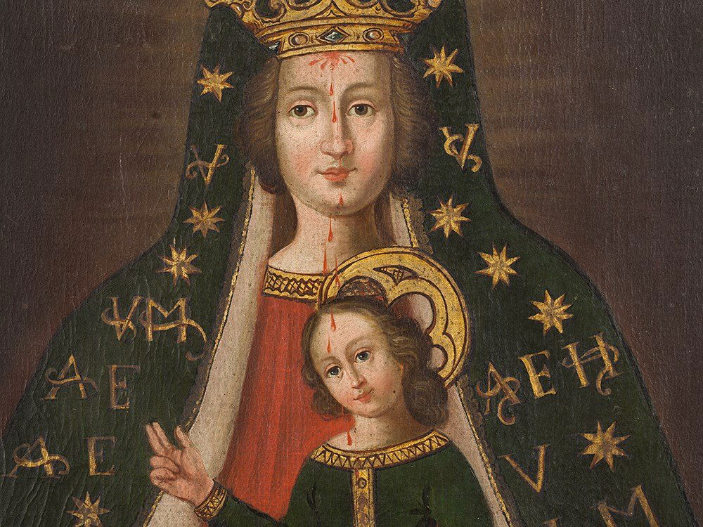 Miraculous Image of ‚Maria vom Blut‘, Oil Painting,: Oil on canvas Germany, 18th century Dimensions: 83.5 x 69.5 cm Gilt wooden frame: 87 x 73.2 cm Depiction of the Mother of God with crown, in her womb is sitting the Child Jesus with blessing hand This