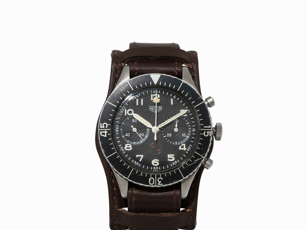 Heuer Bundeswehr Chronograph, Switzerland, c. 1967: Heuer Bundeswehr Chronograph Switzerland, c. 1967 Movement: hand wheel Valjoux 230 with flyback function and second stop, hour, minute, second, small second, condition 3 Dial: Signed, black, original