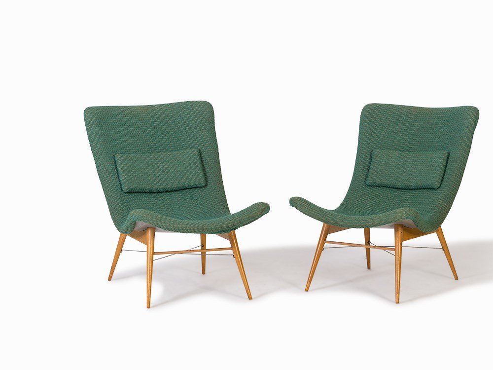 Miroslav Navratil, Pair of Easy Chairs, Cesky Nábytek,: Birch, textile, metal, synthetic Design: Miroslav Navratil, 1959 Manufacturer: Cesky Nábytek Model: Easy Chair Dimensions: 81 x 87 x 62 cm; Seat height: 42 cm Condition: The lounge chairs are in good