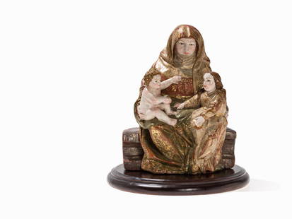 Figure Group of Anna Selbdritt, Wood, Spain, 1st H.: Wood, full-round carved, polychrome and gold painted On a half-round profiled bench sitting Holy Anna, on his womb facing Maria as a child and Child Jesus on the left Anna is draped in a floor-length
