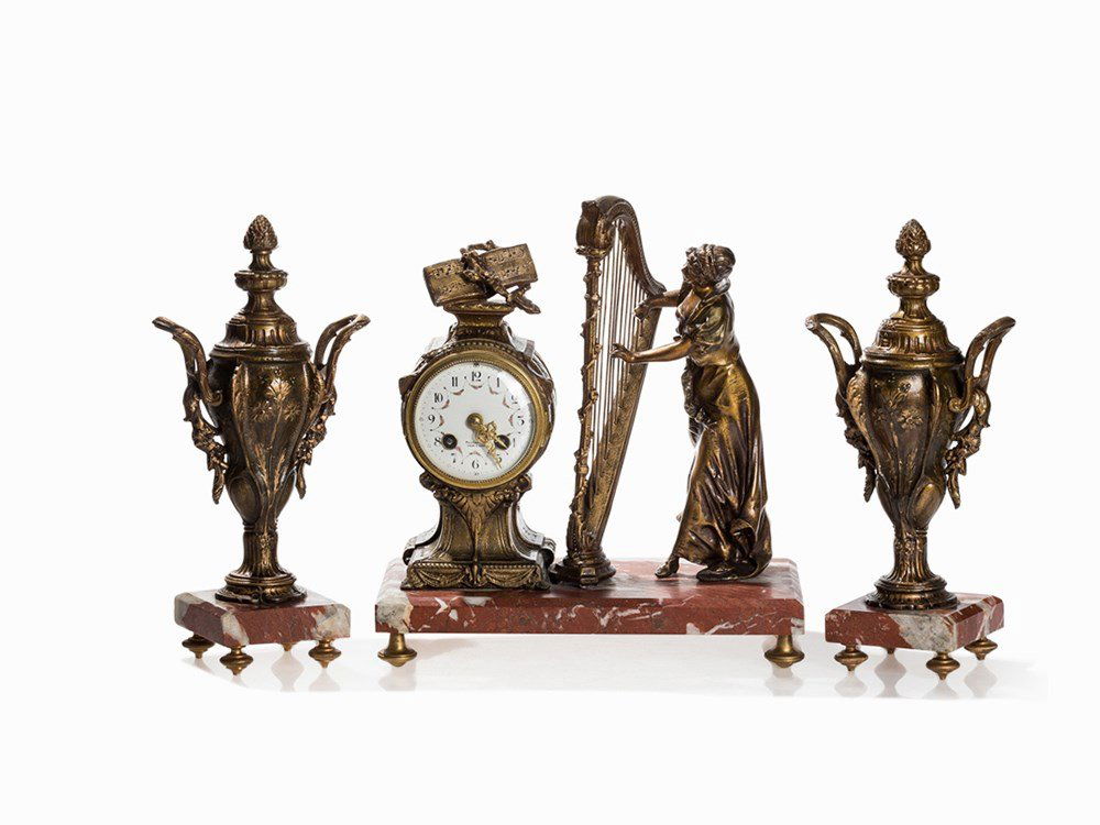 3-Pcs. Mantel Clock Set with Harp Player, France, C. (1 of 8)