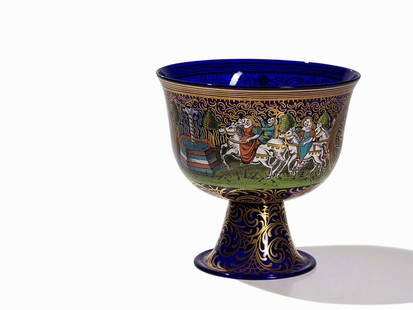 Barovier, Wedding Cup, Murano, c. 1940/60: Cobalt blue toned glass, mouth blown, with enamel painting Italy, circa 1940/60 Design: presumably Angelo Barovier (1927-2008) - Italian glass artist, working in the family business Barovier, a glass