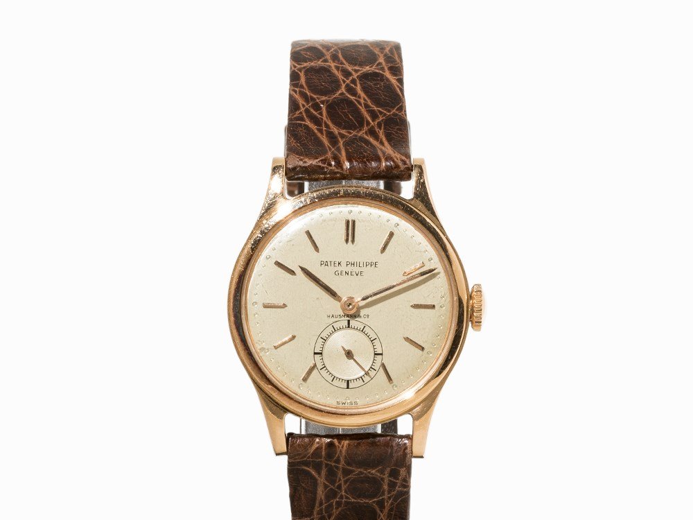 Patek Philippe Calatrava, Ref. 2451, Switzerland, c.: Patek Philippe Calatrava, ref. 2451 R, Hausmann signet Switzerland, c. 1947 Manual wind movement, 18 jewels, hour, minute, decentralized second Silver dial, gold hands Watch case of 18K rose gold Brow