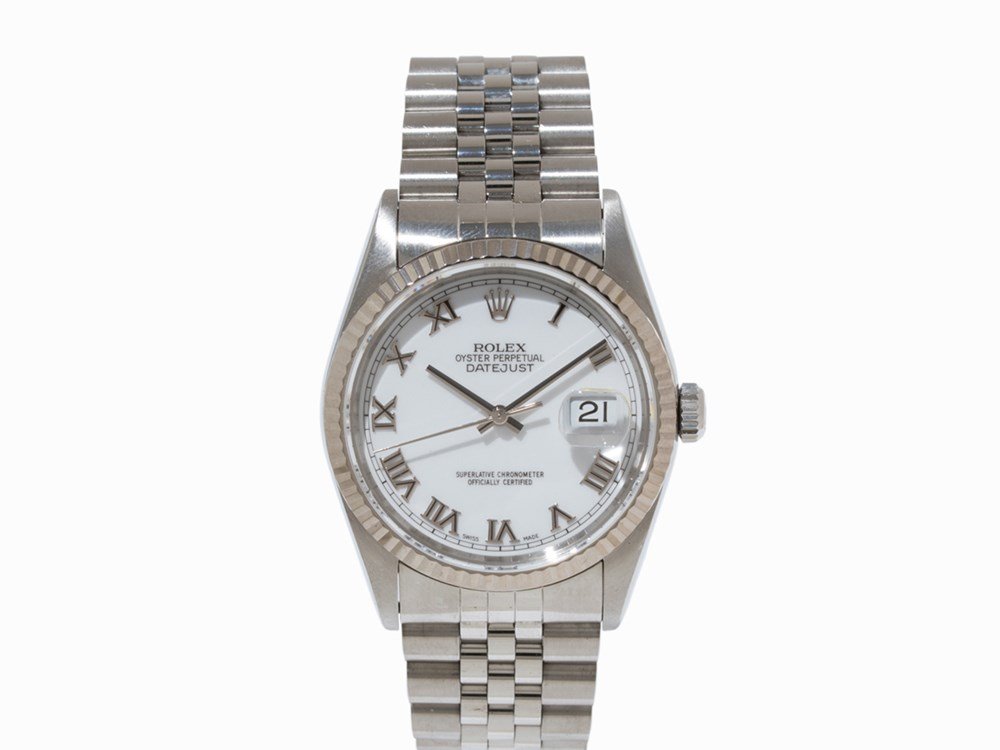 Rolex Datejust, Ref. 16234, Switzerland c. 1993: Rolex Datejust, ref. 16234 Switzerland, c. 1993 Automatic movement, calibre 3135, adj. 5; 31 jewels, hour, minute, second, date White dial, silver Baton hands Watch case, original strap and folding cl
