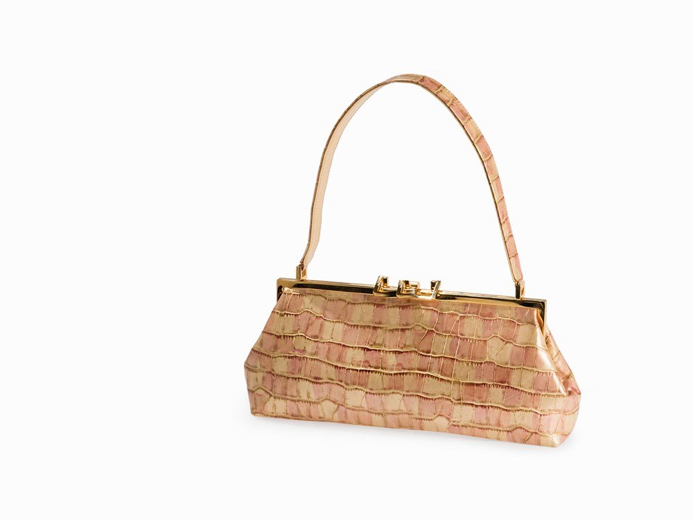 Stuart Weitzmann, Elegant Evening Bag in Croc Leather: Embossed, creme and rose metallic colored leather, gold colored metal, creme colored textile Stuart Weitzman (born 1941) - US American fashion designer Manufacturer's logo 'STUART WEITZMAN' embo