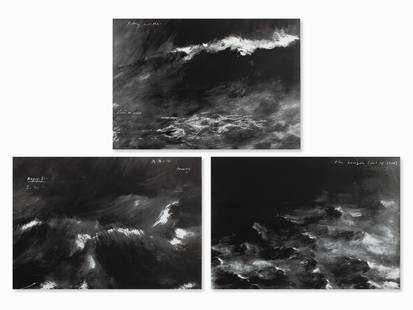 Tacita Dean, Horizon/Rain/Filthy Weather, 3 Serigraphs,: 3 serigraphs on black cardboard ‘Notturno 300 gr‘ Tacita Dean (b. 1965) – British installation artist, photographer and draftswoman, member of the Akademie der Künste in Berlin, lives and