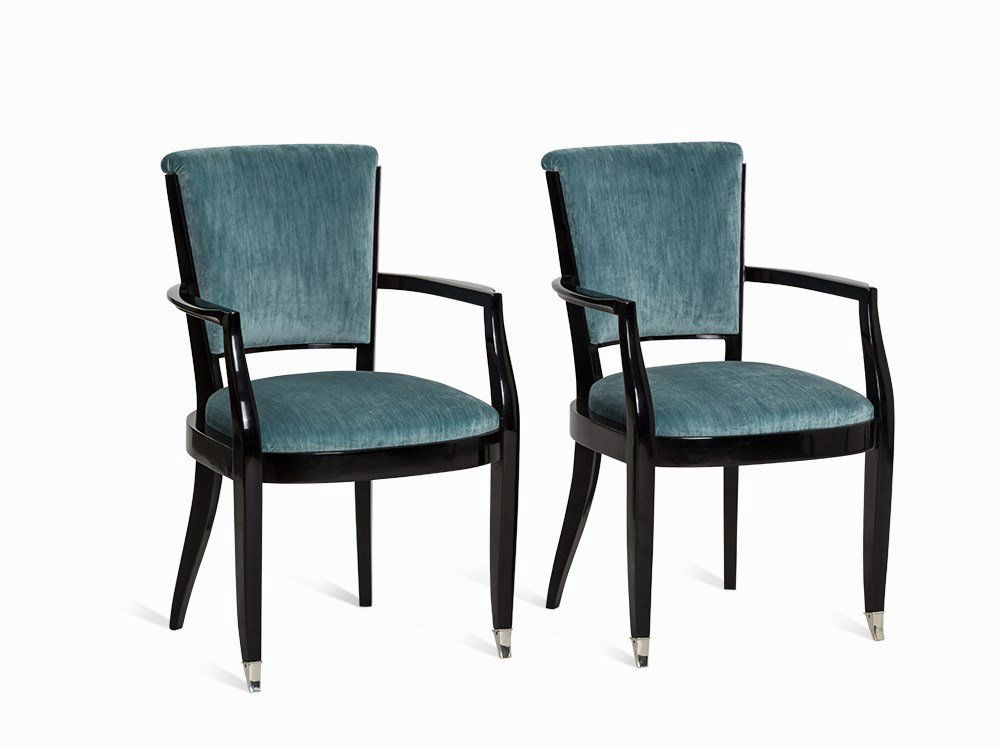Alfred Porteneuve, 2 Armchairs, Dennery, Paris, 1930s: Black lacquered wood, silver-toned metal, padded, blue-green textil France, 1930s Design: Alfred Porteneuve (1896 - 1949) - French designer, exponent of the Art Deco Produced by: G.E.J. Dennery, Paris