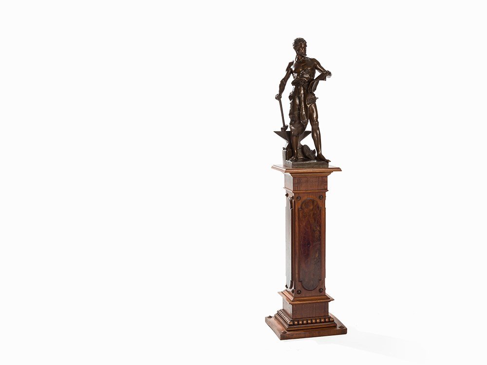 Jean-Baptiste Germain (1841-1910), Forger, Bronze &: Bronze with gold brown patina; mahogany and walnut veneer on pine or spruce wood France, late 19th century Jean-Baptiste Germain (1841-1910) - French sculptor Signed in the cast ‘Germain JB’ to th