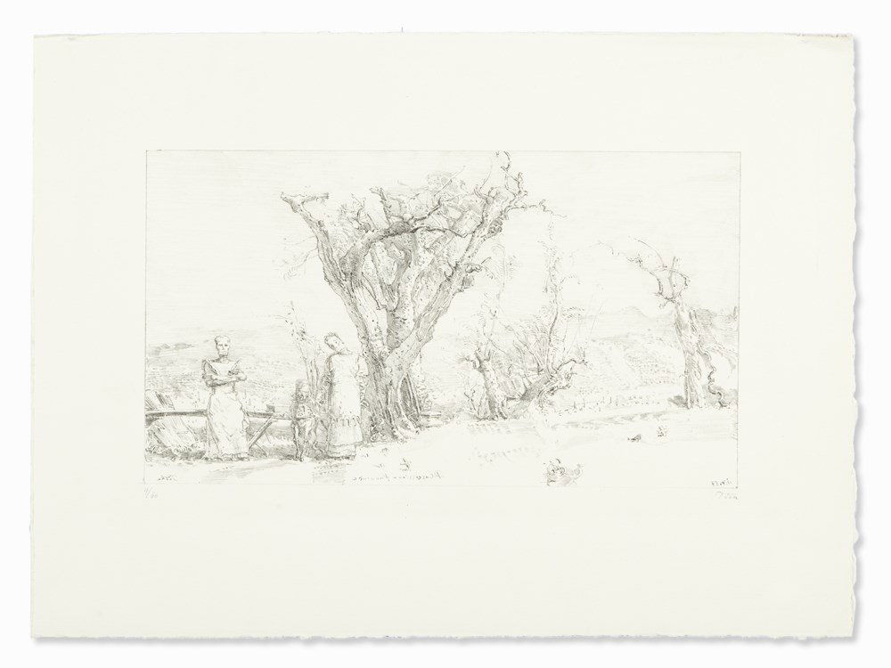 Werner Tübke, Bei Plascassier/Provence, Lithograph,: Lithograph on etching board ‘Hahnemühle’ (watermark) Germany, 1987 Werner Tübke (1929-2004) – German painter and graphic artist; one of the most important painters of the GDR and exponent of t