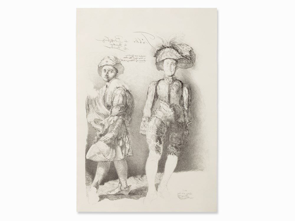 Werner Tübke, Sieh doch die Harlekins, Lithograph, 1980: Lithograph on ‘Hahnemühle‘ wove paper (watermark) Germany, 1980 Werner Tübke (1929-2004) – German painter and graphic artist; one of the most important painters of the former GDR and exponent