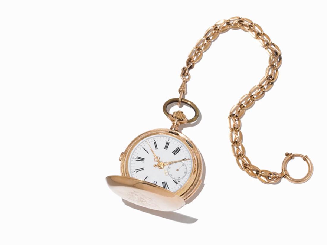 Gold Hunter Watch with Chronograph and ¼ Repeater. c.: Gold hunter watch with chronograph and ¼ repeater with chain, signed Louis Audemars Switzerland, c. 1900 Crown wound, hour, minute, subsidiary second, chronograph, ¼ repeater White enamel dial, bras