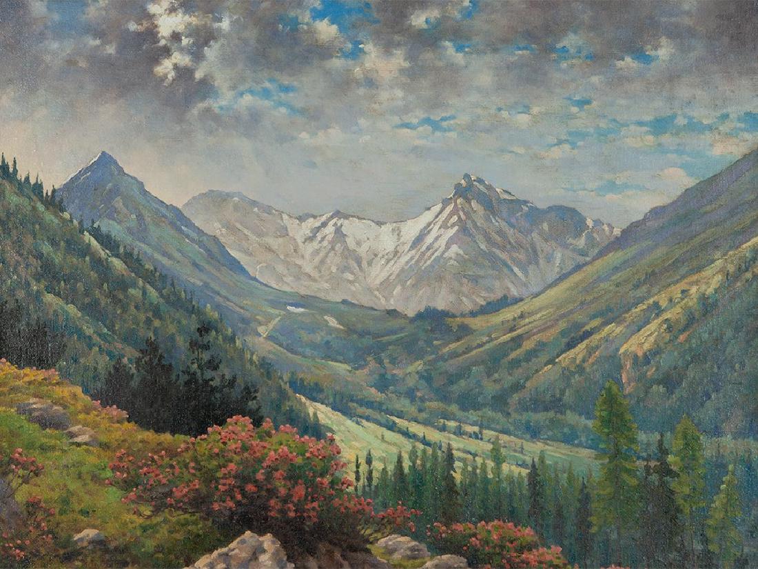 Rudolf Franz Ullmann, Oil Painting “Alpine Landscape”: Oil on canvas Austria, first half of the 20th century Rudolf Franz Ullmann (1889-?) – Viennese landscape painter Hardly legible signature lower left, “R. F. Ullmann” Fragmentary label with print