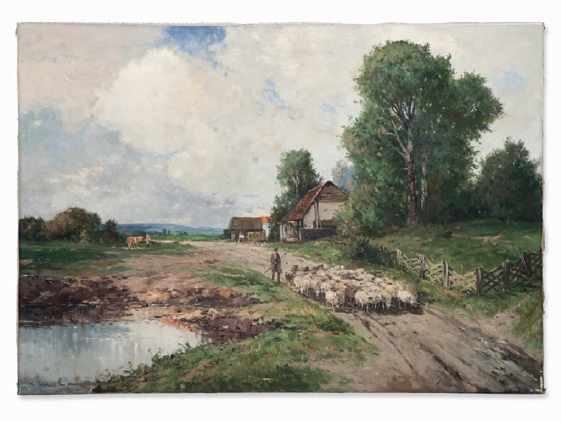 Karl Mohr, Landscape with Herd of Sheep, Oil Painting,: Oil on canvas Germany, circa 1970 Karl Mohr (b. 1922) – German landscape and genre painter; student at the Düsseldorf art academy Signed lower left ‘K. mohr’ Idyllic scenery with a herd of shee